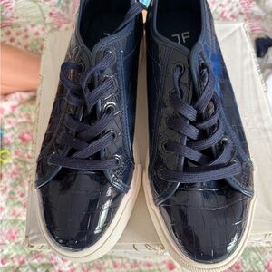 JustFab Blue and White Croc Sneakers with Vulcanized Sole